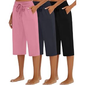 3 Pack Women's Capri Pants, Cotton Drawstring Capris Sweatpants Casual Summer Loose Fit Cropped Pants with Pockets