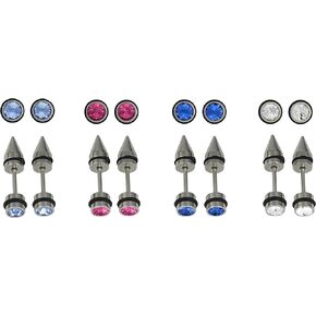 Forbidden Body Jewelry 4 Pairs of 16g 5mm Surgical Steel Spiked Cheater Plug Earrings with Black O-Rings and Crystals