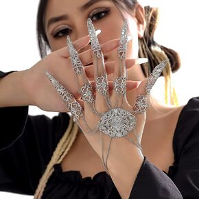 Bracelet with Finger Nails Silver Finger Nail Tip Claw Rings Hollow Pattern,Ancient Queen Finger Claws for Women Girls Halloween Cosplay Indian Belly Dance Decoration Accessory (Silver)