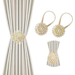 Magnetic Curtain Tiebacks, Sparkling Crystal Flower Holdbacks with High-Elastic Spring, Elegant Magnetic Buckles for Home, Office, Bedroom Décor, No Drilling Needed, Golden, 2 Pack