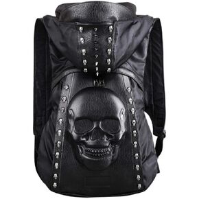 Chikencall Skull Backpack Hooded Skull Gothic Rucksack Rivet Studded Zipper Shoulder Purse Black Punk Metal 3D Stereo Daypack