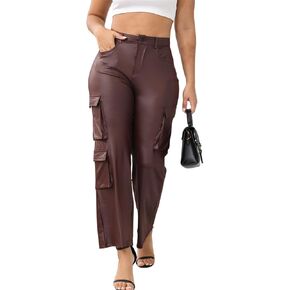 CALEBGAR Women's Faux Leather Pants Stretchy High Waisted Straight Wide Leg Baggy Cargo Pants Trousers with Pockets