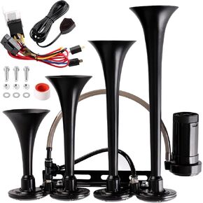 150db Truck Air Horn,4 Trumpet Horns Train Horn Kit for Truck 12V Super Loud Air Horns with compressor suitable for pickup/motorhome/SUV/truck/train(4-Trumpet with Air Compressor 12V and button)