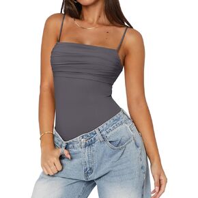 PINKMSTYLE Womens Cute Ruched Bodysuits Double Lined Tank Top Going Out Tops Date Night Outfit
