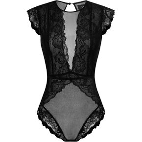 CIDER Lace Round Neckline Solid Cut Out See-through Bodysuit