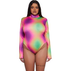 Dolls Kill Acid Tripping Long Sleeve Bodysuit by Club Exx – Ombre Rainbow Mock Neck Bodysuit with Shoulder Pads & Back Zipper