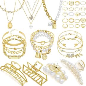 Remuuly 43 Pcs Gold Jewelry Set with 6 Necklace, 13 Bracelet, 20 Rings and 4 Hair Claw Clips Jewelry Set for Women Teens Gold Accessories for Birthday Party Friendship Gift