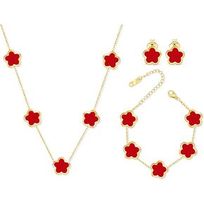 Five Leaf Clover Jewelry Set for Women 18K Gold Plated Bracelet Necklace Earrings 5 Leaf Lucky Choker and Ear Studs for Mother and Daughter