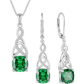 Infinity Irish Celtic Knot Jewelry Set for Women Princess Cut Emerald Necklace & Earrings May Birthstone Jewelry Gifts