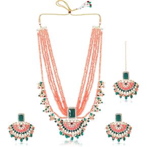 مجموعة الاصطناعية الأزياء التقليدية طويلة القلادة | لؤلؤة وحجر الراين | Chandelier Earrings | Maang Tikka & Ring | مجوهرات أنيقة للنساء والبنات