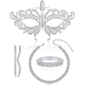 Kigeli 4 Pcs Womens Masquerade Mask Jewelry Set Silver Rhinestone Masquerade Mask Choker Necklace Bracelets Earrings Accessories