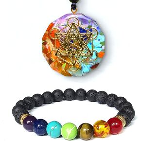 7 Chakra Lava Bracelet and Orgone Pendant Necklace with Adjustable Cord Healing Set – Chakra Jewelry Set for Women & Men for Spiritual Healing