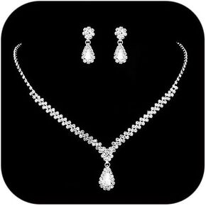 Wedding Jewelry Sets for Brides Rhinestone Necklace and Earring Set Bracelet Ring Gold Silver Prom Jewelry Sets Diamond Flower Teardrop Necklace for Women