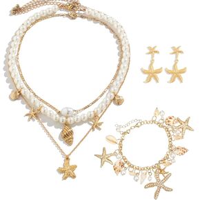 3PCS Seashell Starfish Jewelry Set,Gold Seashell Starfish Necklace Bracelets Earrings,Boho Seashell Summer Beach Jewelry,Mermaid Accessories Women Costume Accessories
