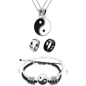 6 pieces Yin Yang Adjustable Cord Bracelet Set for Couple Yin Yang Matching Pendant Necklace for BFF Yin Yang Tai Chi Ring Band for Friendship Boyfriend Girlfriend (N Yin Yang Set, one size)
