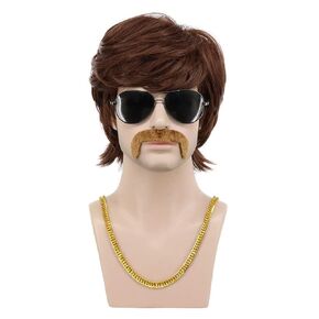 Karlery 3 قطع قلادة شارب قصيرة مجعد داكن بني ديسكو WIG كاليفورنيا 70S 80S Rocker COSTUME