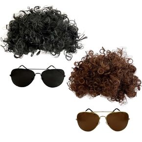 4pcs Afro Wig Halloween Caseume Curly Curly Men Men Short Black Brown Brown 70s 80s Rocker Wig with Grees for Halloween Cosplay Party