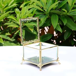 Vintage bevelled Glass Jewelry Box with Hinged Lid, Jewelry Ring, Bracelet, Souvenir Metal Display Box, Transparent Storage Box. (5.7x4.3x2.7Inches)