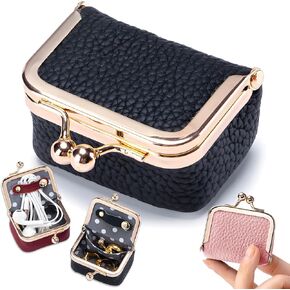 Genuine Leather Mini Jewelry Box,Mini Travel Jewelry Case Organizer for Women,Portable Vintage-inspired Genuine Leather Coin Purse Jewelry Case with Kiss Lock,for Earring/Ring/Necklace (Black)