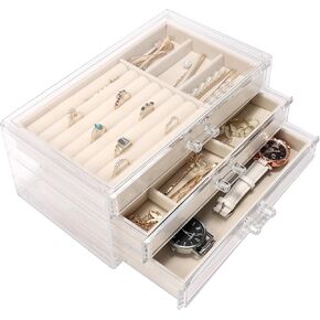 Clear Acrylic Jewelry Box with 3 Velvet Drawers, Jewelry Organizer for Women & Girls - Earring, Ring, Necklace, Bracelet Storage Case (Beige, 3 layers)