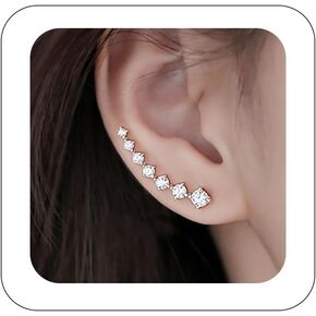 7 بلورات براقة أذن أذن التفاف أقراط المتسلق S925 Sterling Silver أقراط غضروف الأذن كلاسيكية متسلقين الأذن أقراط للنساء الفتيات