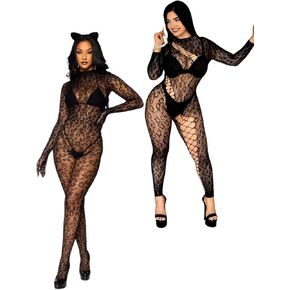 Womens 2 Pack Black Backless Mesh Leopard Jumpsuits One Piece Mock Neck Long Sleeve Lace Full Bodysuit Sexy Clubwear