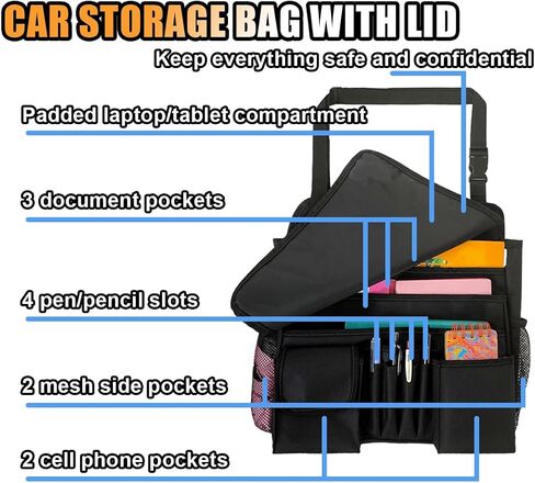 Car Front Seat Organizer, Car Backseat Organizer with Adjustable Shoulder Strap, Passenger Seat File Storage Bag with Dedicated Laptop Tablet Holder Cup Holder for Car Law Enforcement (Black) in Kuwait