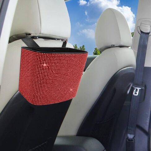 Rhinestone Car Trash Can Garbage Women Car Trash Can Opening Car Trash Bag Hanging Bling Automotive Trashcan for Women Car, Red in Saudi Arabia
