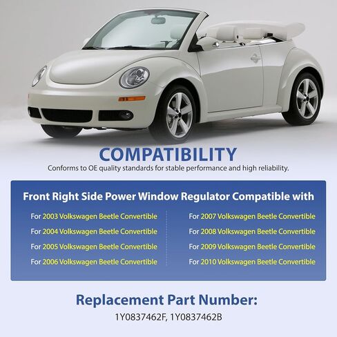 منظم نافذة الطاقة اليمنى الأمامي بدون محرك متوافق مع VW Volkswagen Beetle Convertible 2003-2010- استبدل 1Y0837462F ، 1Y0837462B (جانب الركاب) in Kuwait