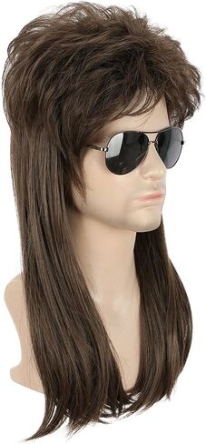 Karlery Long Straight Brown 70s 80s Disco Mullet Wig Halloween Costume Wig Cosplay Punk Rock Wig in Kuwait