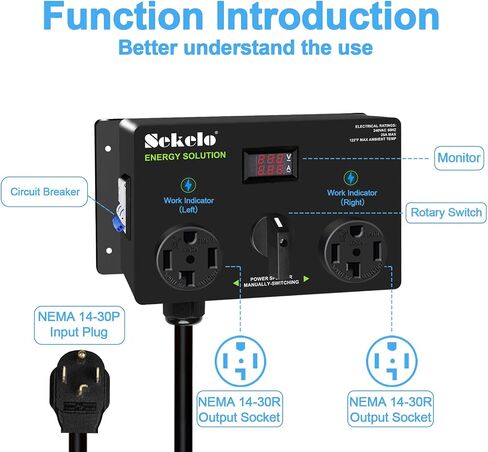 Manual EV Charging Switch for Dryer & EV, NEMA 14-30P to 14-30R & 14-50R, 240V, 25A Power Splitter Switch, with a Safety Breaker Switch, Hand-Operated Selector, Plug and Play in Saudi Arabia