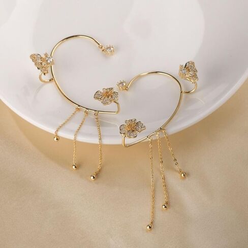 2Pcs Rhinestone Butterfly Ear Cuff for Women,Dainty Non Piercing Flower Butterfly Tassel Earrings Ear Clips Bridal Wedding Boho Fairy Jewelry in Saudi Arabia