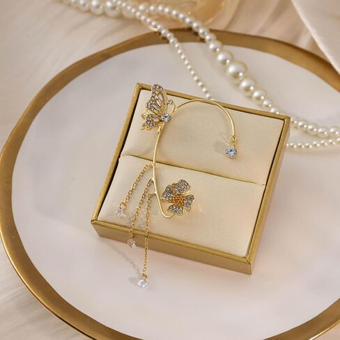 2Pcs Rhinestone Butterfly Ear Cuff for Women,Dainty Non Piercing Flower Butterfly Tassel Earrings Ear Clips Bridal Wedding Boho Fairy Jewelry in Saudi Arabia