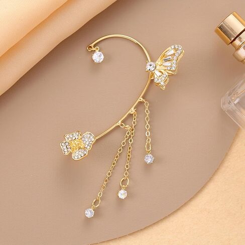 2Pcs Rhinestone Butterfly Ear Cuff for Women,Dainty Non Piercing Flower Butterfly Tassel Earrings Ear Clips Bridal Wedding Boho Fairy Jewelry in Saudi Arabia