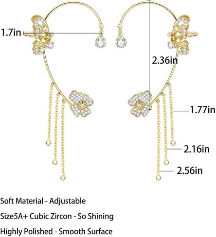 2Pcs Rhinestone Butterfly Ear Cuff for Women,Dainty Non Piercing Flower Butterfly Tassel Earrings Ear Clips Bridal Wedding Boho Fairy Jewelry in Saudi Arabia