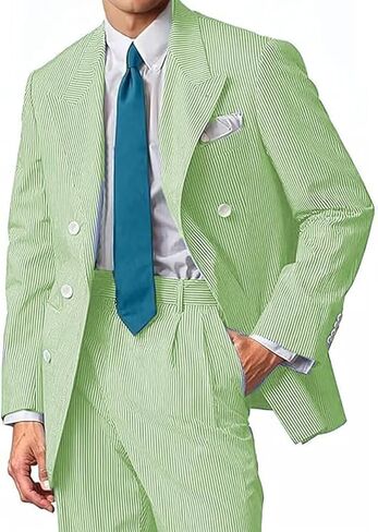 Mens Suit Summer Seersucker 2 Piece Double Breasted Buckle Striped Tuxedos for Men Wedding Suits Cotton Beach Party in Saudi Arabia