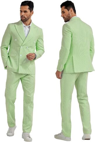 Mens Suit Summer Seersucker 2 Piece Double Breasted Buckle Striped Tuxedos for Men Wedding Suits Cotton Beach Party in Saudi Arabia