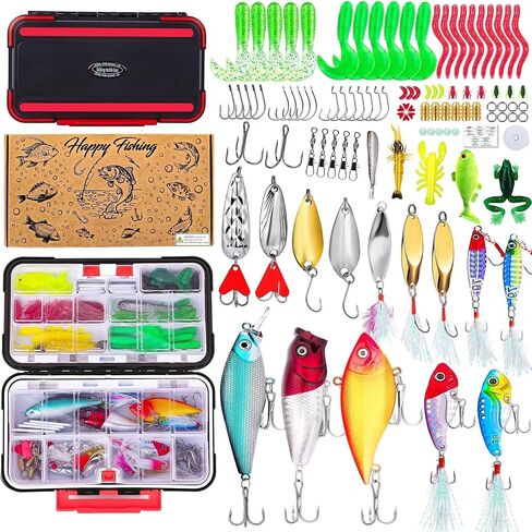 Fishing Lure Kit,Tackle Box with Tackle Included Accessories Fishing Starter Kit for Adults, Includes Spoon Crankbait Plastic Shrimp Worm Hook for Bass Trout Fishing Gifts for Men Orange in Saudi Arabia