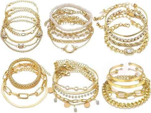 28pcs أساور السلسلة الذهبية المحددة للنساء 14K مطلي بالذهب متعدد الطبقات سوار ارتباط قابلة للتعديل. in Kuwait