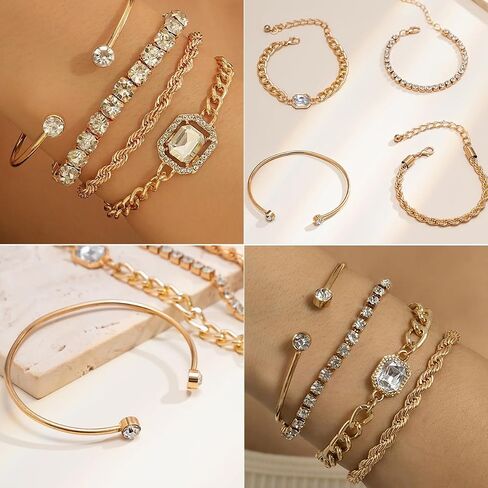 28pcs أساور السلسلة الذهبية المحددة للنساء 14K مطلي بالذهب متعدد الطبقات سوار ارتباط قابلة للتعديل. in Kuwait