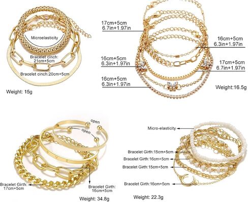 28pcs أساور السلسلة الذهبية المحددة للنساء 14K مطلي بالذهب متعدد الطبقات سوار ارتباط قابلة للتعديل. in Kuwait