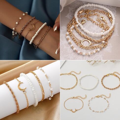 28pcs أساور السلسلة الذهبية المحددة للنساء 14K مطلي بالذهب متعدد الطبقات سوار ارتباط قابلة للتعديل. in Kuwait