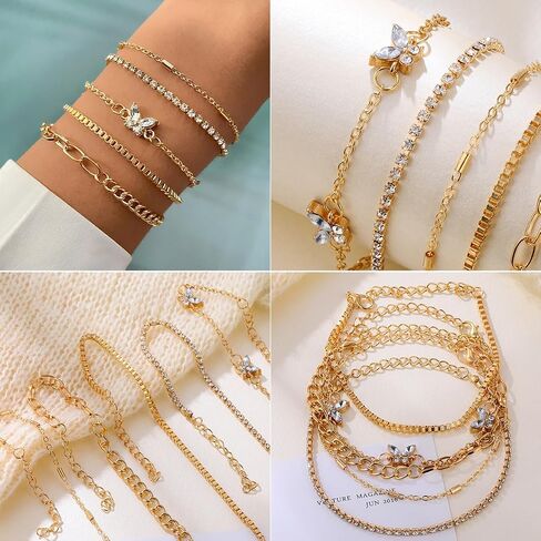 28pcs أساور السلسلة الذهبية المحددة للنساء 14K مطلي بالذهب متعدد الطبقات سوار ارتباط قابلة للتعديل. in Kuwait