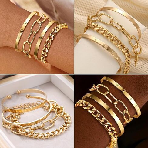 28pcs أساور السلسلة الذهبية المحددة للنساء 14K مطلي بالذهب متعدد الطبقات سوار ارتباط قابلة للتعديل. in Kuwait