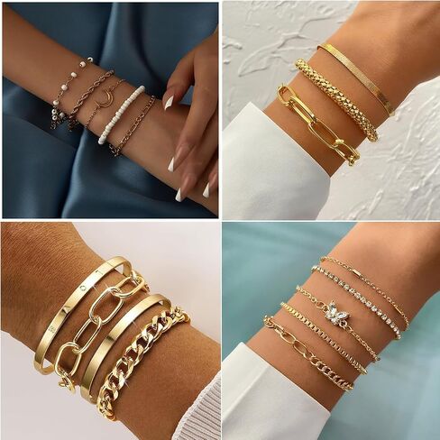 28pcs أساور السلسلة الذهبية المحددة للنساء 14K مطلي بالذهب متعدد الطبقات سوار ارتباط قابلة للتعديل. in Kuwait
