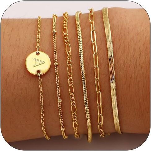 Gold Bracelets for Women, 6PCS 14K Real Gold Plated Letter A-Z Stackable Jewelry Set for Adjustable 6"+2" in Kuwait