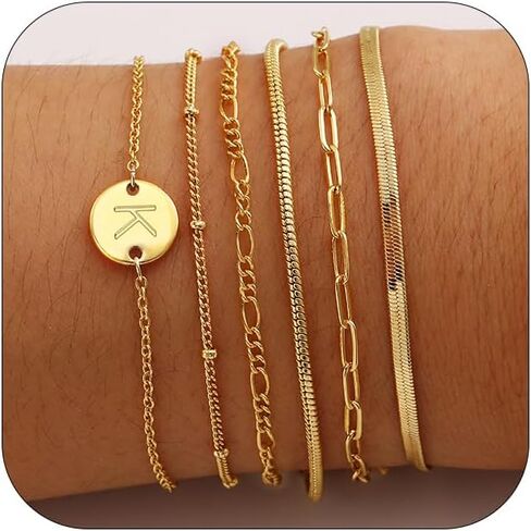 Gold Bracelets for Women, 6PCS 14K Real Gold Plated Letter A-Z Stackable Jewelry Set for Adjustable 6"+2" in Kuwait