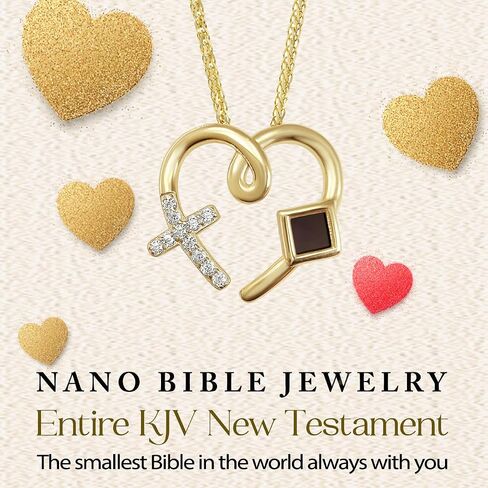 Cross Heart Necklace Nano Bible in Jewelry - 925 Sterling Silver Christian CZ Pendant Holy KJV New Testament Microchip, Romantic Religious Mother's Day Gift Jewelry, 18" Spiga Chain in Saudi Arabia