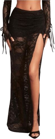 Verdusa Women's Floral Lace Long Skirt with Slit Sheer Low Rise Maxi Rave Flare Skirt in Kuwait
