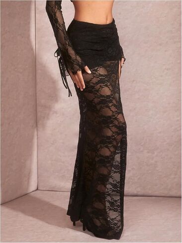 Verdusa Women's Floral Lace Long Skirt with Slit Sheer Low Rise Maxi Rave Flare Skirt in Kuwait